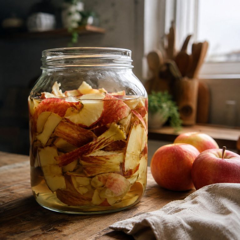 Bocal en verre rempli d'épluchures et trognons de pommes pour faire du vinaigre de cidre maison
