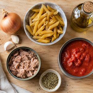 Boîte de thon, pâtes et tomates concassées posées sur un plan de travail