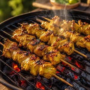 Brochettes de poulet créoles en train de griller sur le barbecue