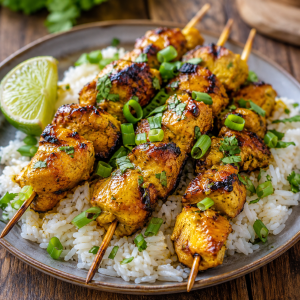 Brochettes de poulet mariné au curcuma et au combava, grillées et servies sur du riz blanc
