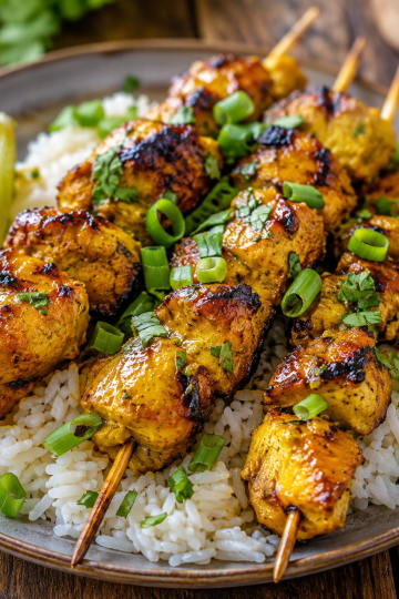 Brochettes de poulet mariné au curcuma et au combava, grillées et servies sur du riz blanc