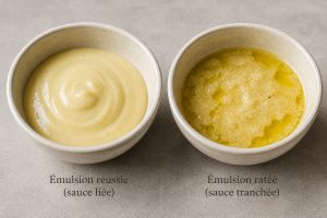 Comparaison entre un beurre blanc réussi bien émulsionné et une sauce tranchée séparée en huile