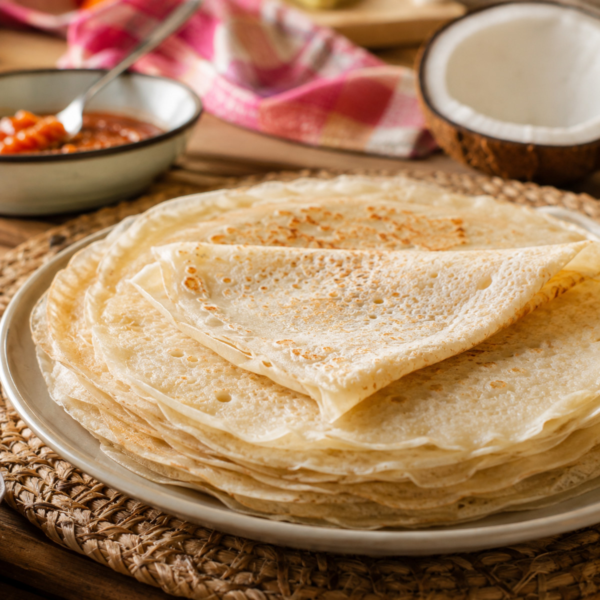Crêpes fines créoles à la farine de riz, empilées, ambiance réunionnaise