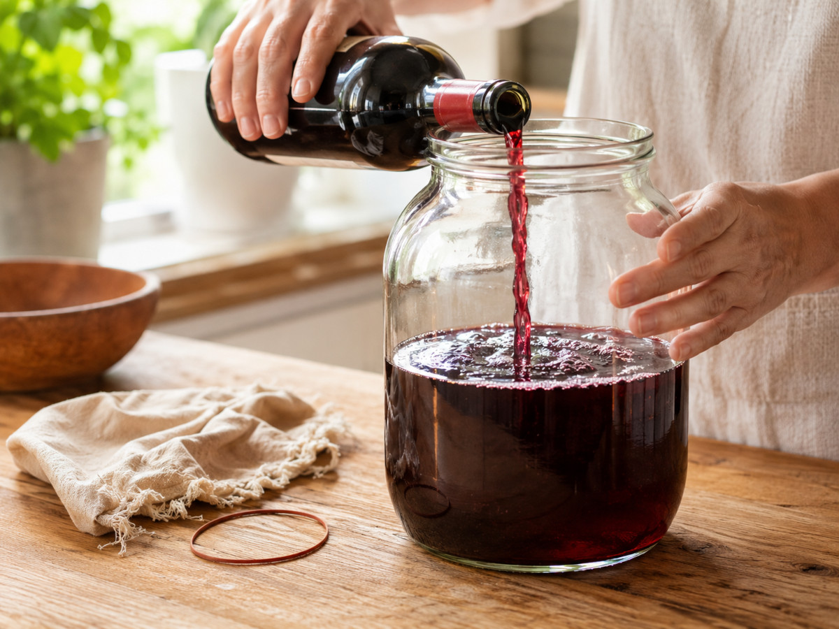 Fabrication d'une mère de vinaigre maison : vin versé dans un bocal en verre couvert d'un linge