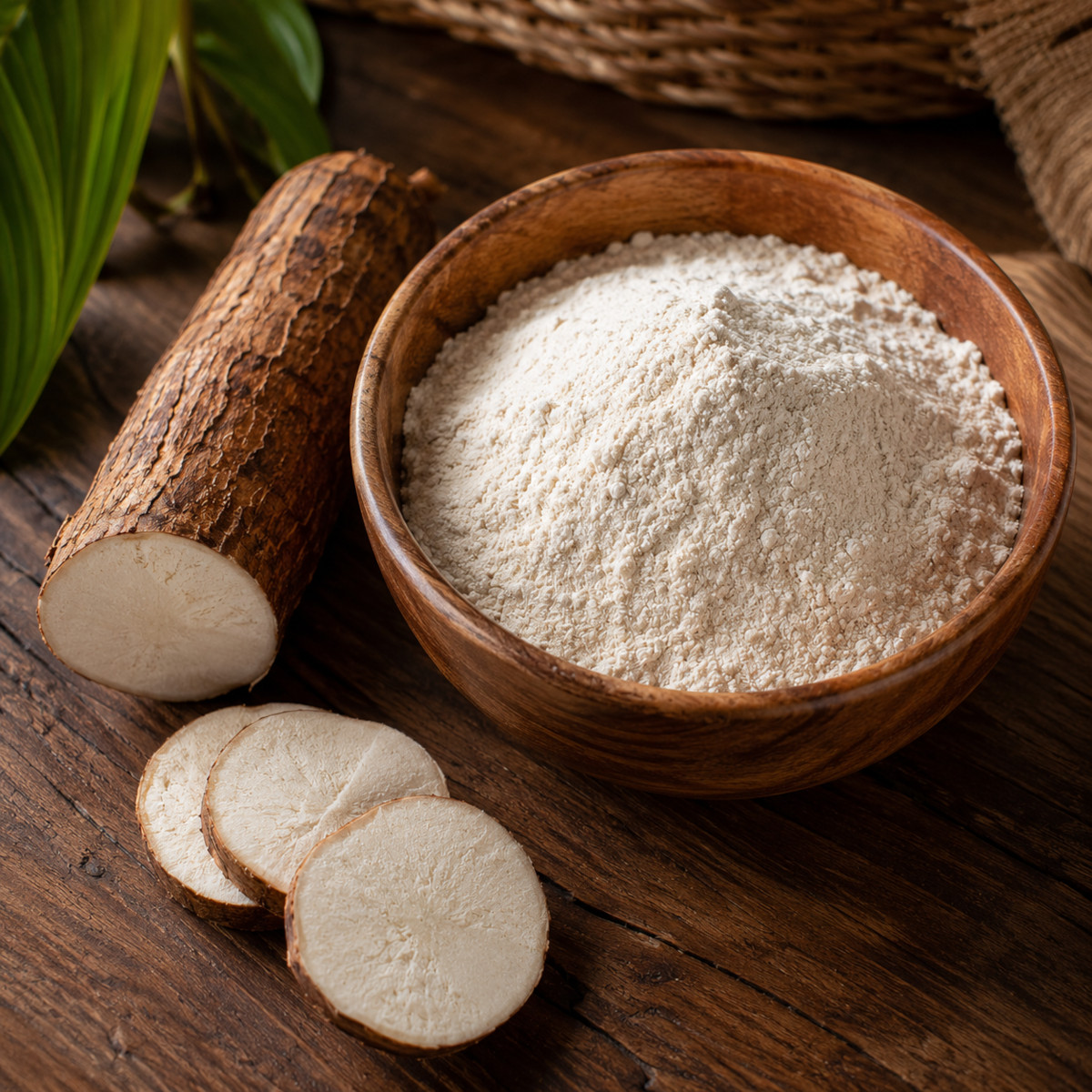 Farine de manioc dans un bol, racine de manioc à côté, cuisine créole