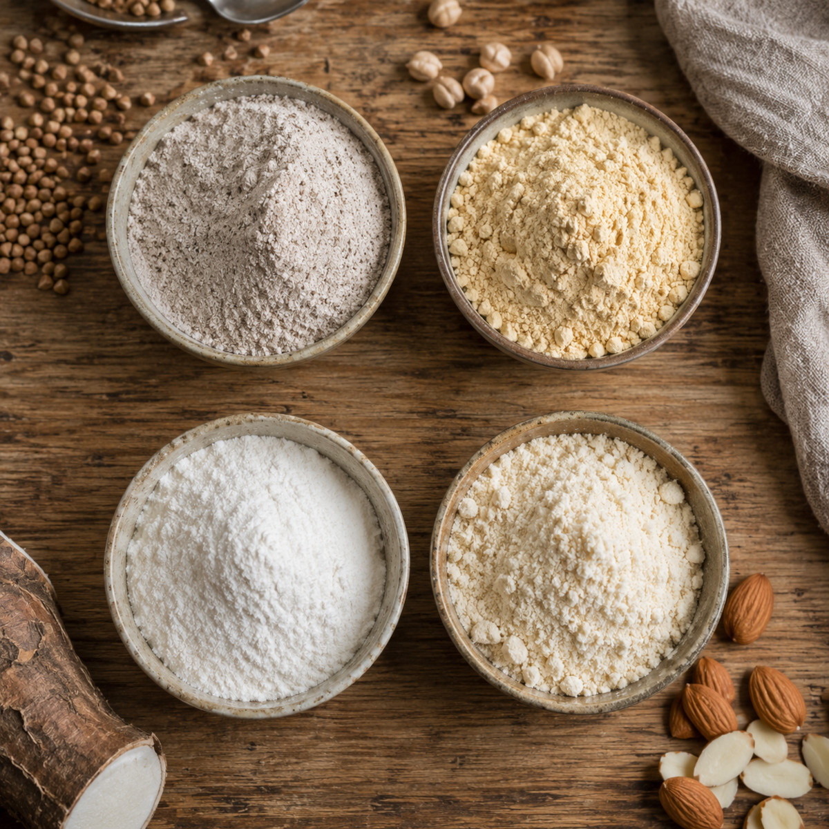 Farines alternatives dans des bols : sarrasin, pois chiche, manioc, amande