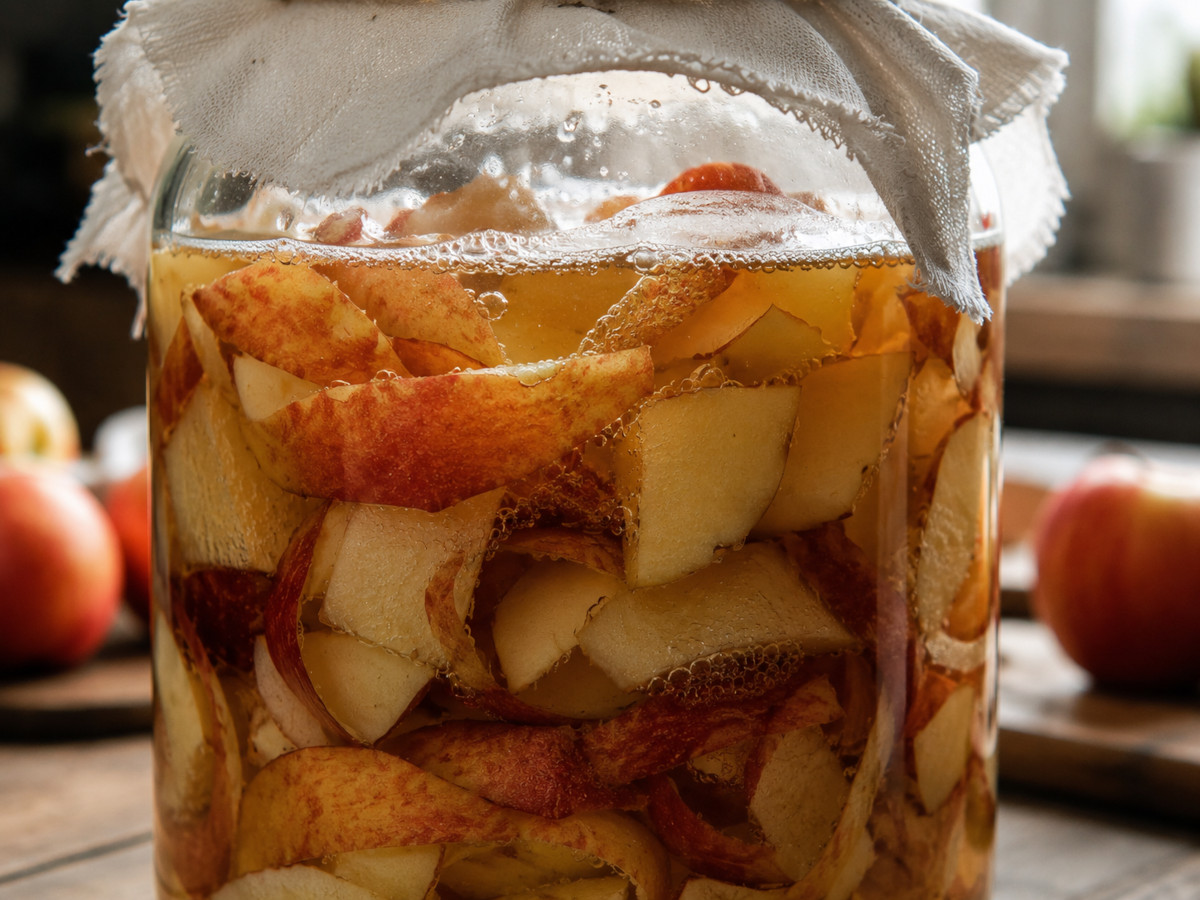 Fermentation du vinaigre de cidre maison : épluchures de pommes et bulles à la surface