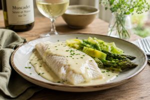 Filet de poisson nappé de sauce au beurre blanc, poireaux et asperges vapeur et pointe de ciboulette
