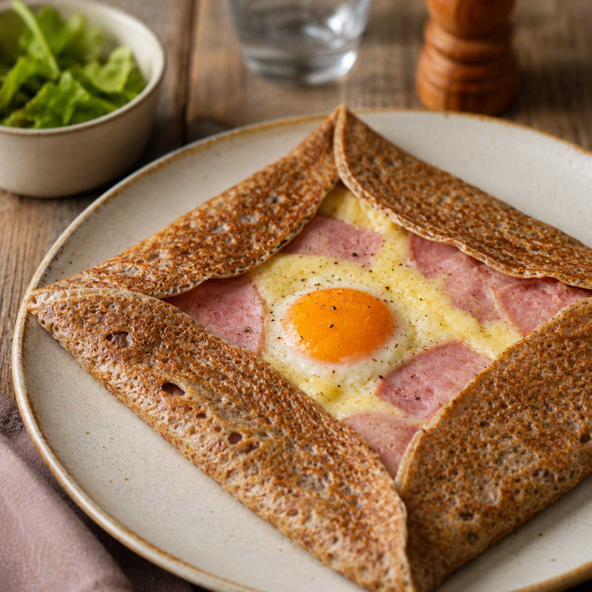 Galette de sarrasin bretonne garnie œuf jambon fromage, farine de blé noir