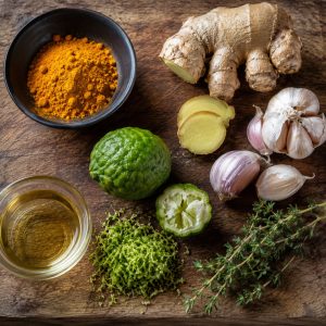 Ingrédients de la marinade peï : curcuma, gingembre, ail et combava sur un plan de travail