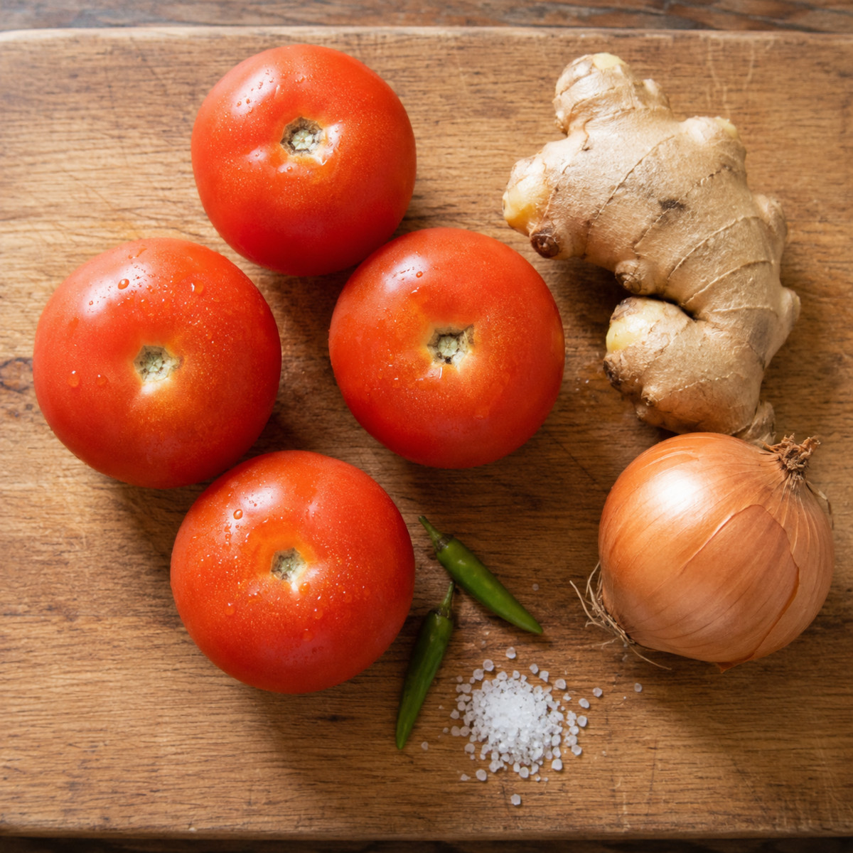 rougail : tomates, gingembre, oignon et piments verts sur une planche