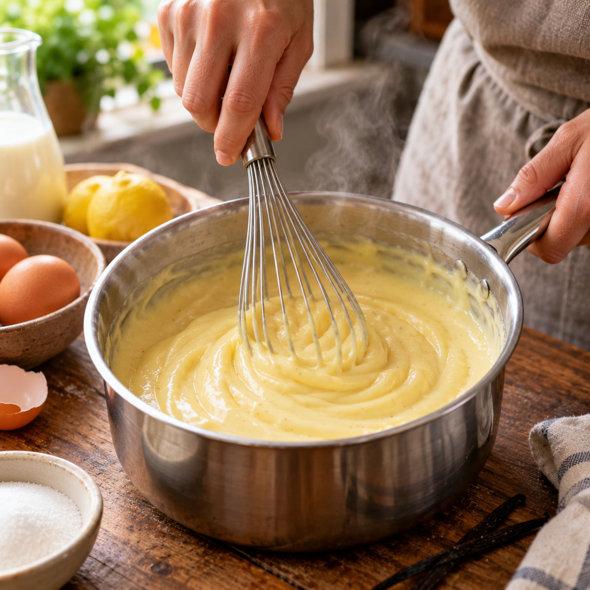 Mains fouettant une crème pâtissière dans une casserole, geste de base en pâtisserie