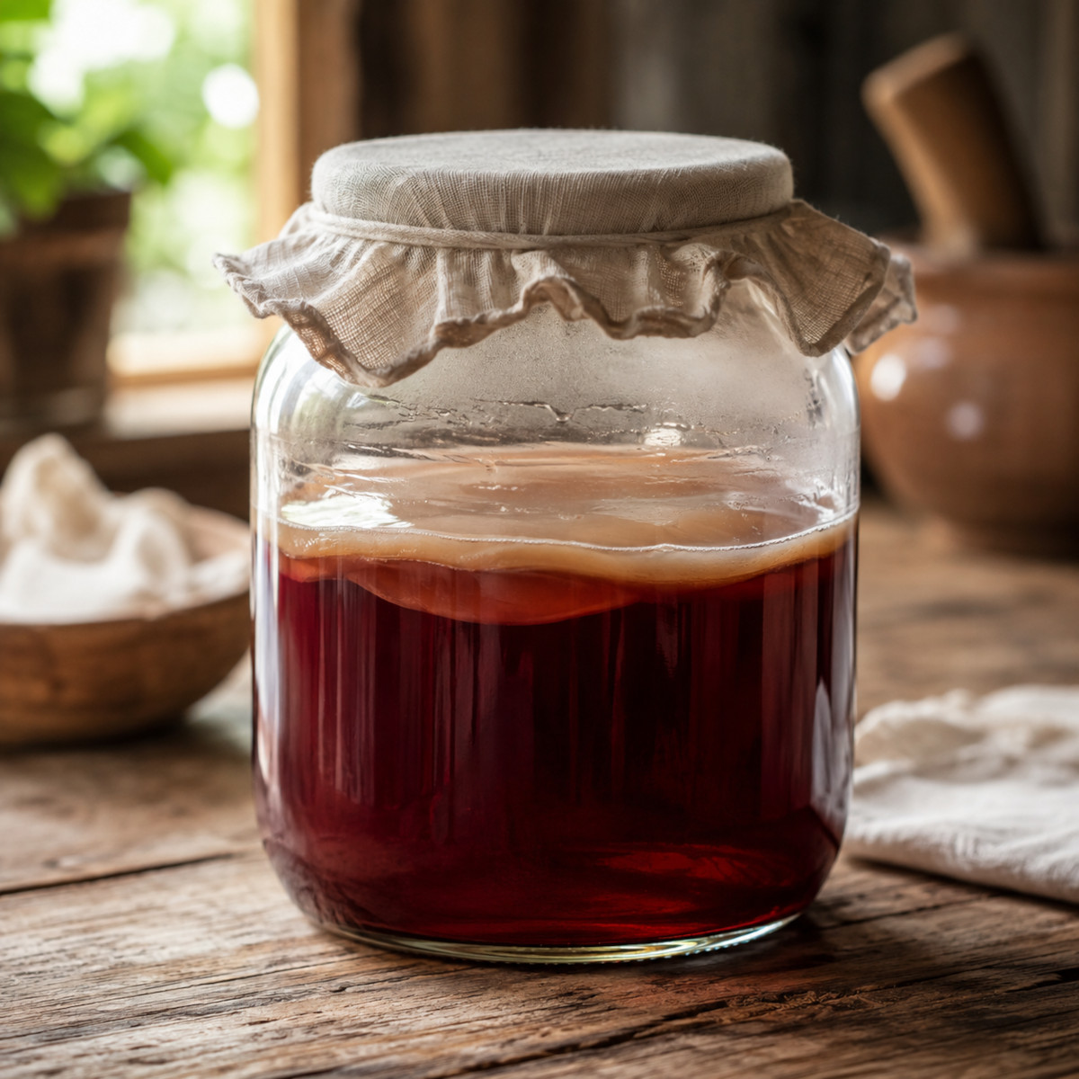 Mère de vinaigre translucide flottant à la surface d'un bocal de vinaigre de vin maison