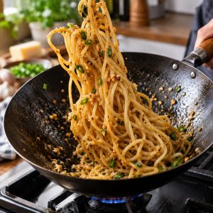 Nouilles enrobées de sauce à l'ail sautées dans un wok