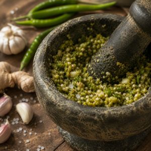 Pâte de piment, ail et gingembre pilée au mortier avec du gros sel