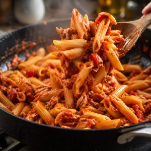 Pâtes enrobées de sauce tomate au thon mélangées à la cuillère en bois