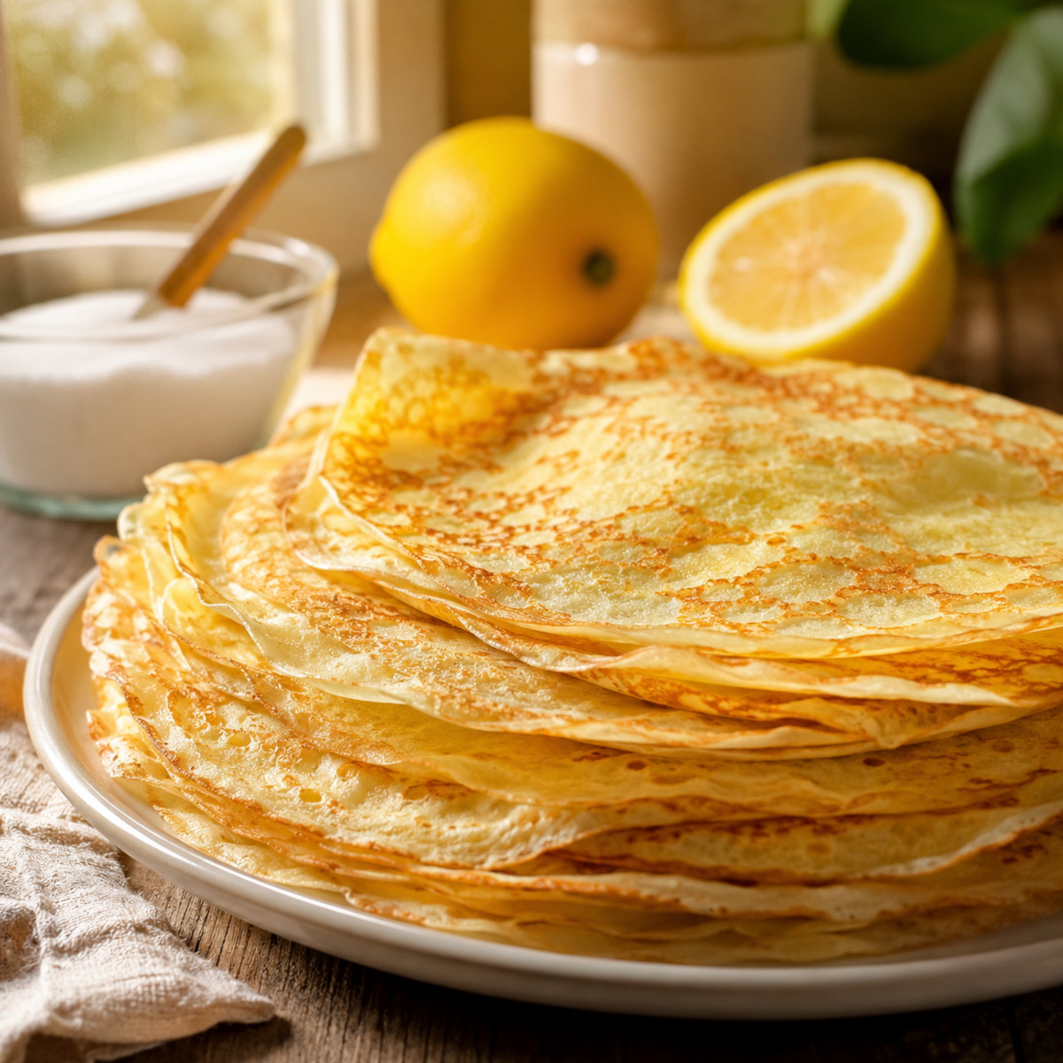 Pile de crêpes fines dorées maison sur une assiette, sucre et citron à côté