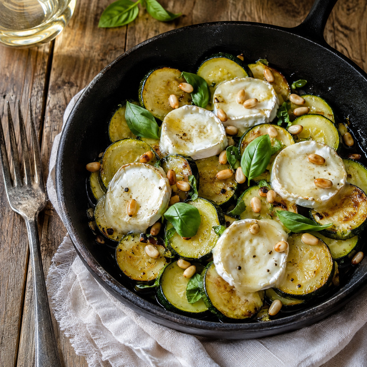 Poêlée de courgettes au chèvre dorée servie dans une poêle en fonte
