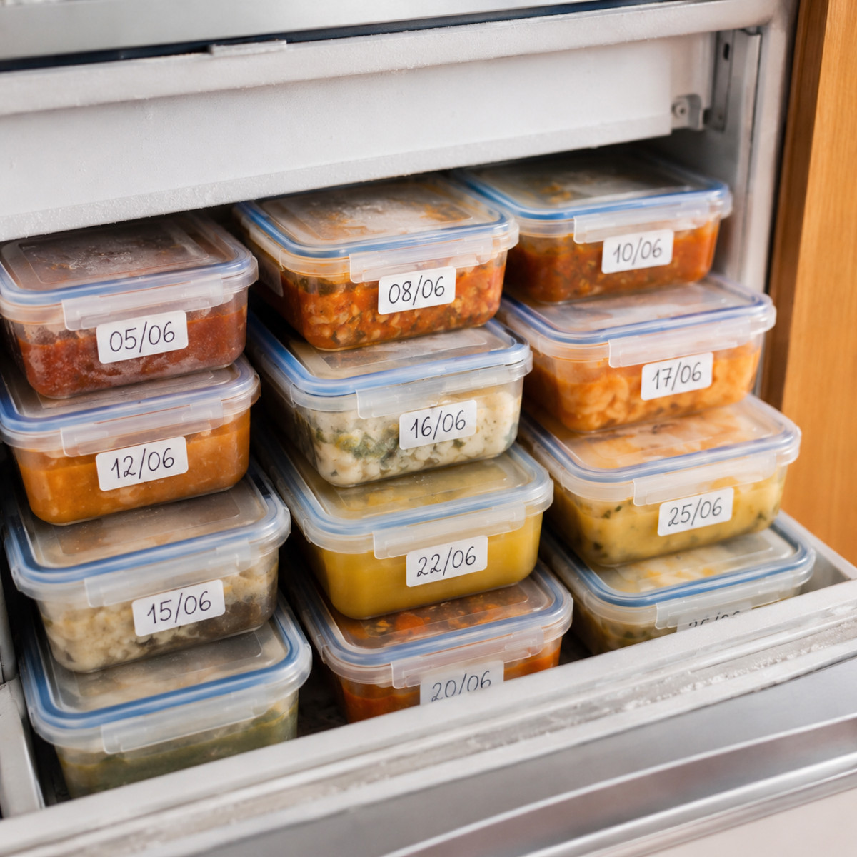 Portions individuelles de batch cooking étiquetées et rangées au congélateur