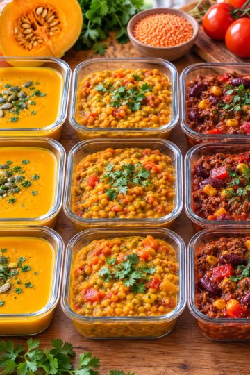 Portions individuelles de batch cooking pour une personne dans des boîtes en verre