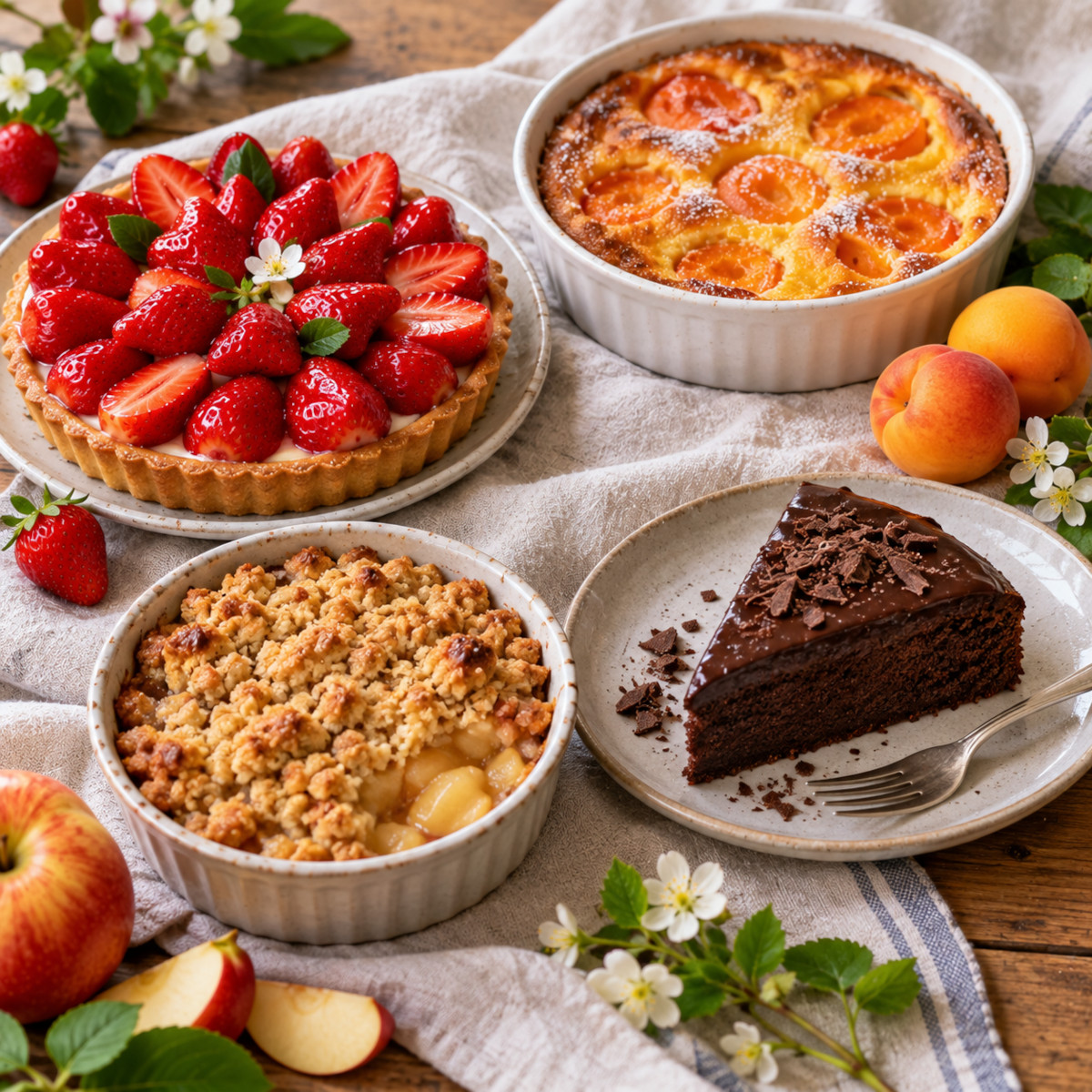 Quatre desserts maison de saison : tarte aux fraises, clafoutis, crumble, gâteau au chocolat