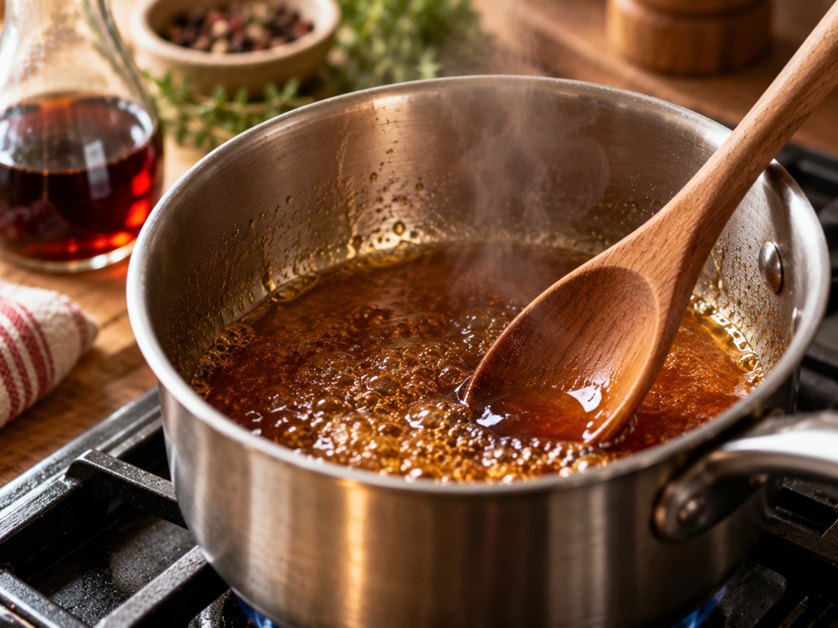 Réduction douce d'un vinaigre à la casserole pour arrondir son acidité