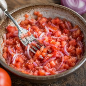 Rougail cru de tomate et oignon écrasé au sel dans un bol