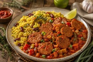 Rougail saucisse vegan servi avec du riz zambrocal réunionnais