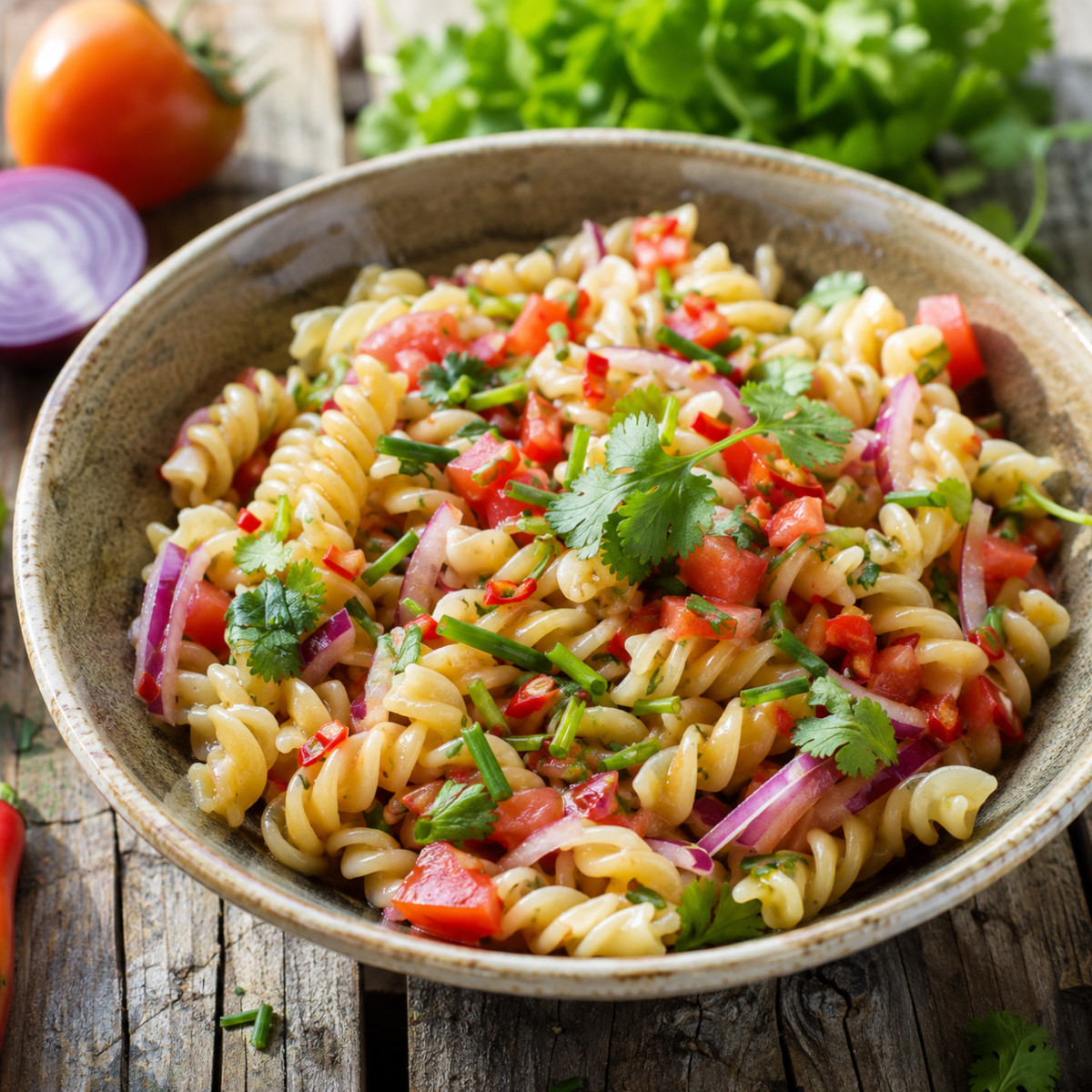 Salade de pâtes façon rougail servie dans un bol, parsemée de coriandre fraîche