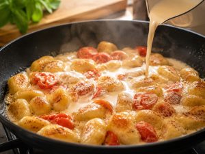 Sauce crémeuse au parmesan nappant les gnocchis avant de servir