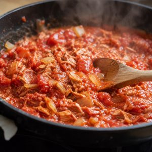 Sauce tomate au thon qui mijote dans une poêle