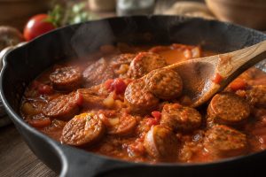 Saucisses végétales dorées dans une sauce tomate au curcuma