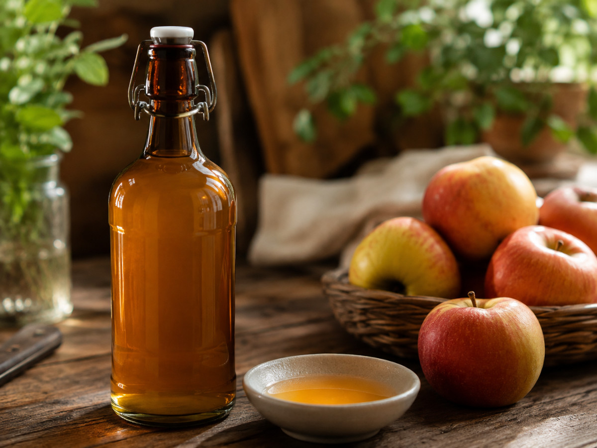 Vinaigre de cidre maison doré embouteillé dans une bouteille en verre foncé avec des pommes fraîches