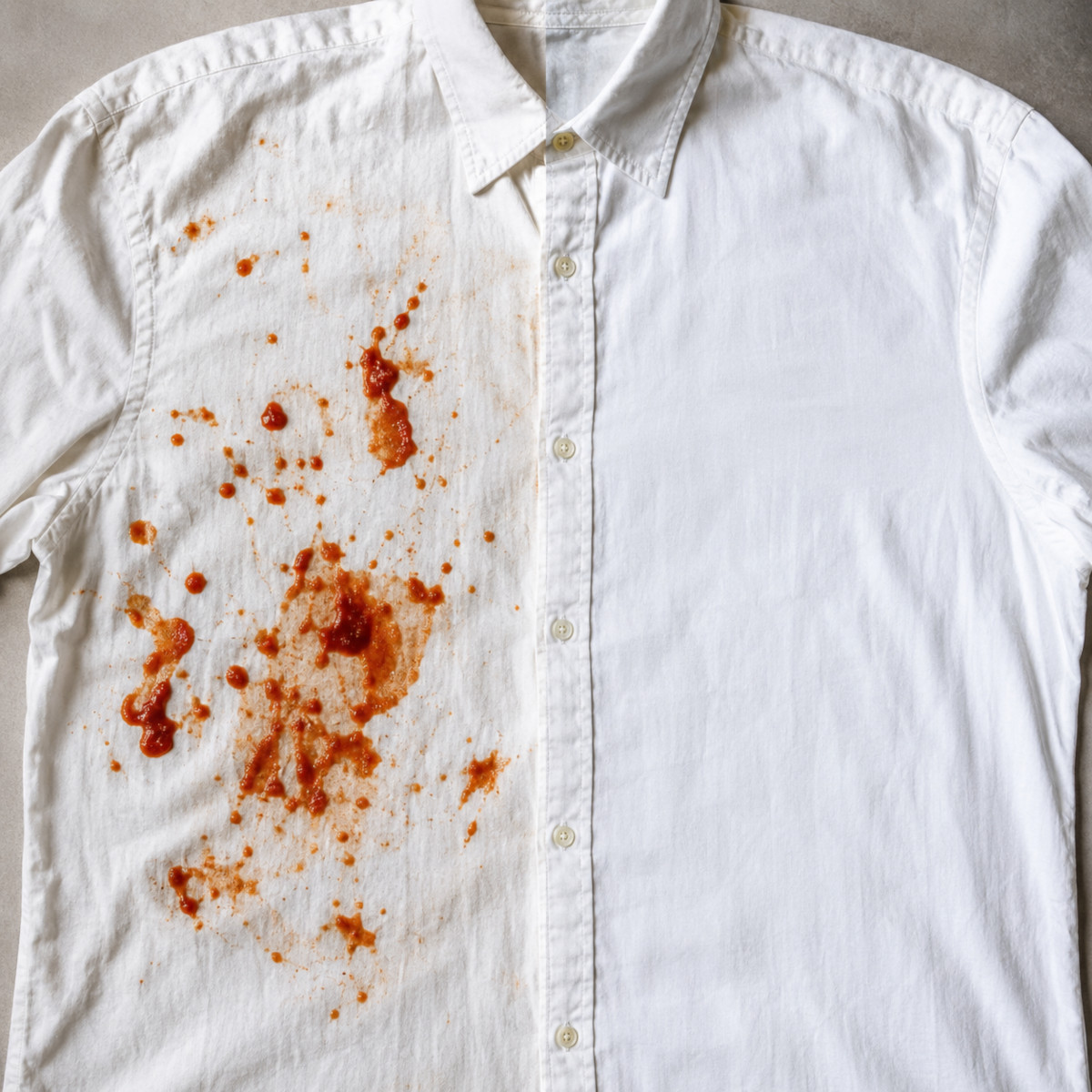 tache de sauce tomate sur chemise blanche avant et après détachage
