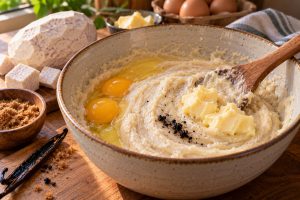 Appareil du gâteau de songe avec œufs, beurre et vanille