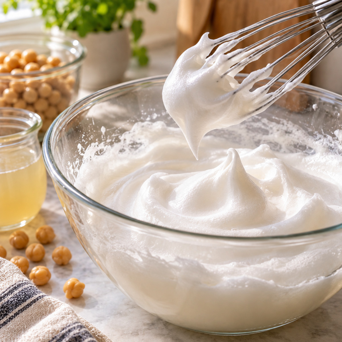 Aquafaba montée en neige, l'eau des pois chiches fouettée
