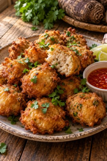 Assiette de beignets de songe dorés servis à l'apéro avec une sauce pimentée