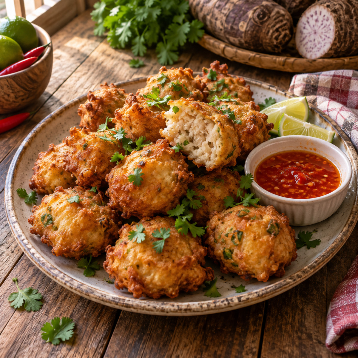 Assiette de beignets de songe dorés servis à l'apéro avec une sauce pimentée