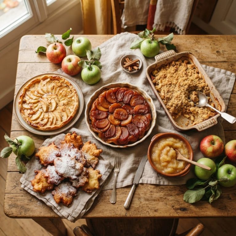 Assortiment de desserts aux pommes maison : tarte Tatin, crumble, compote, beignets et tarte aux pommes