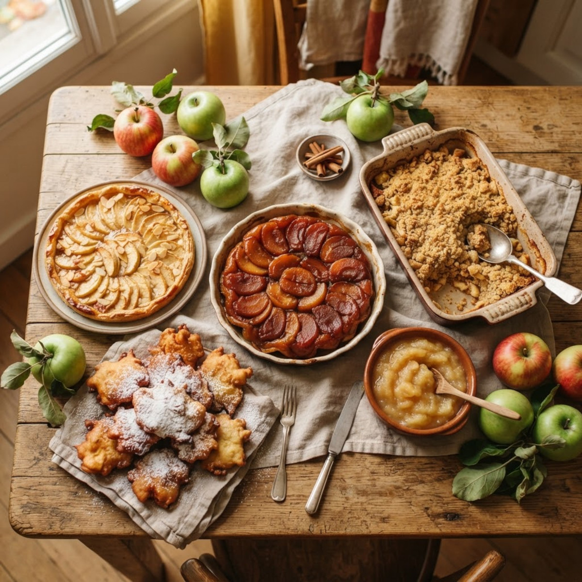 Assortiment de desserts aux pommes maison : tarte Tatin, crumble, compote, beignets et tarte aux pommes