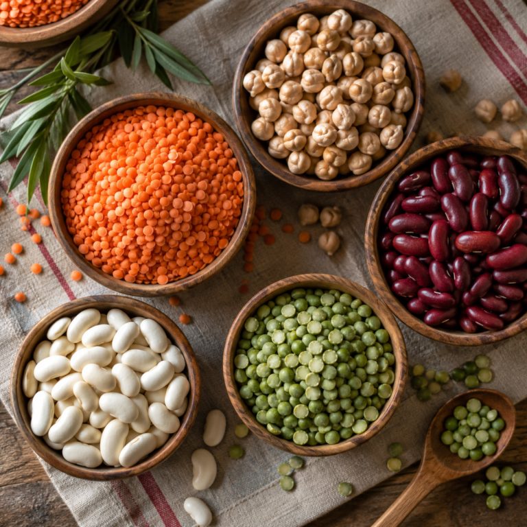 Assortiment de légumes secs dans des bols en bois : lentilles, pois chiches, haricots rouges et blancs