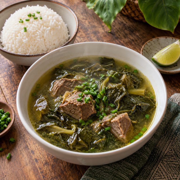 Bol de bouillon brèdes songe safrané servi avec du riz blanc