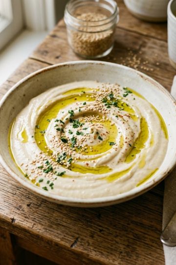 Bol de sauce tahini maison crémeuse nappée d'huile d'olive et de graines de sésame