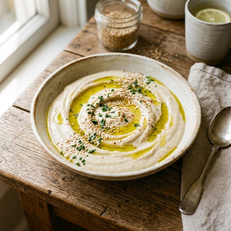 Bol de sauce tahini maison crémeuse nappée d'huile d'olive et de graines de sésame