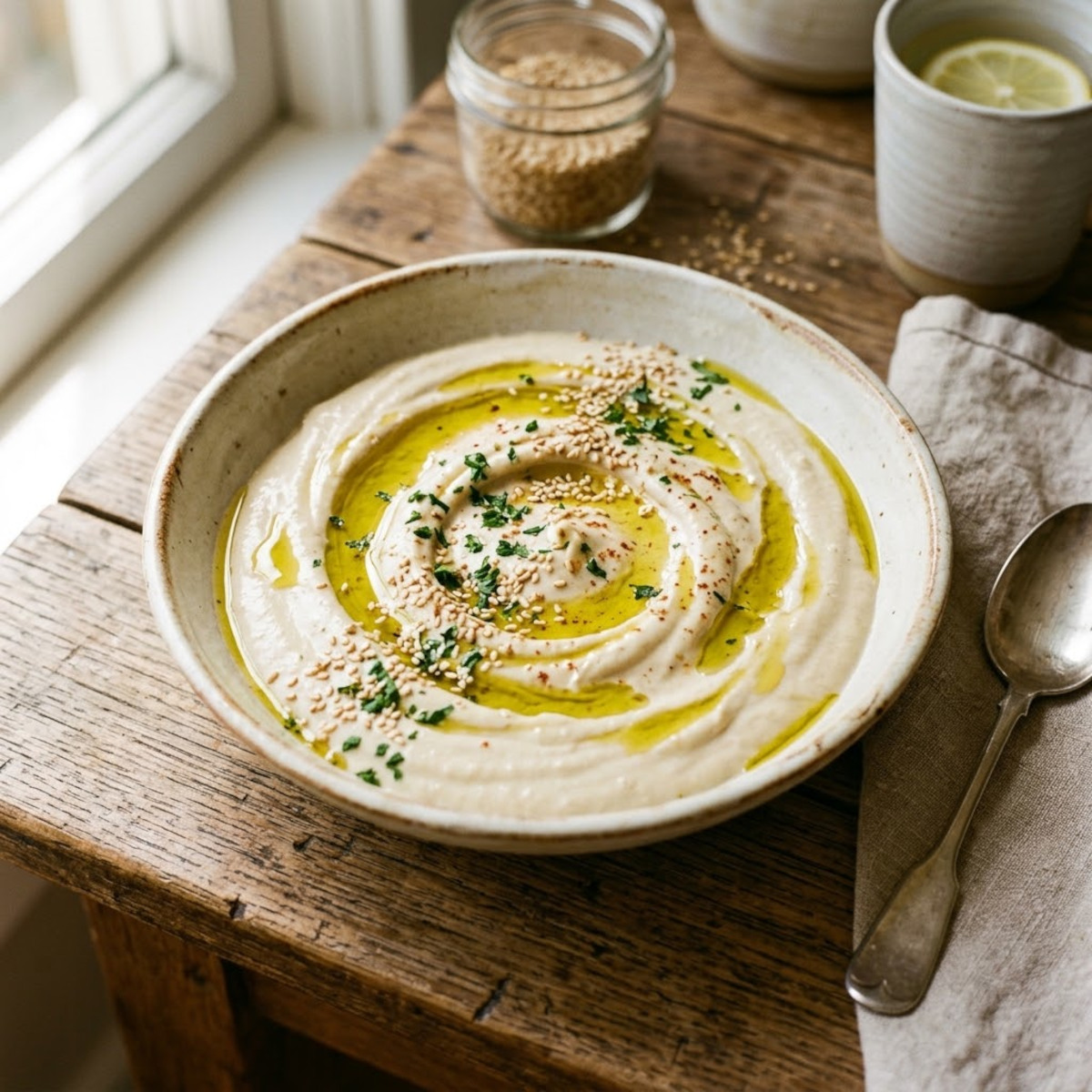 Bol de sauce tahini maison crémeuse nappée d'huile d'olive et de graines de sésame