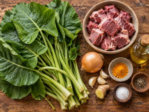 Bouquet de brèdes songe, viande, oignon, ail et curcuma sur une table