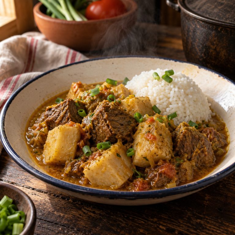 Cari bœuf songe réunionnais servi bien chaud avec du riz blanc