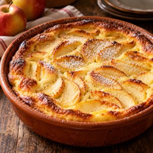 Clafoutis aux pommes doré dans un plat en terre cuite, saupoudré de sucre glace