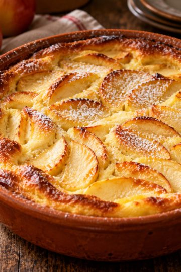 Clafoutis aux pommes doré dans un plat en terre cuite, saupoudré de sucre glace