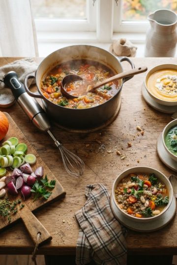 Comment faire une soupe maison : légumes de saison, marmite et bols de soupes